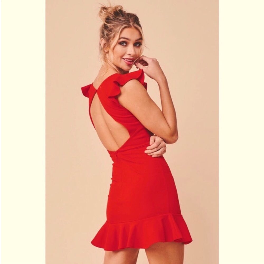RED CUT-OUT BUST RUFFLE SHOULDER MINI DRESS - Picture 5 of 6